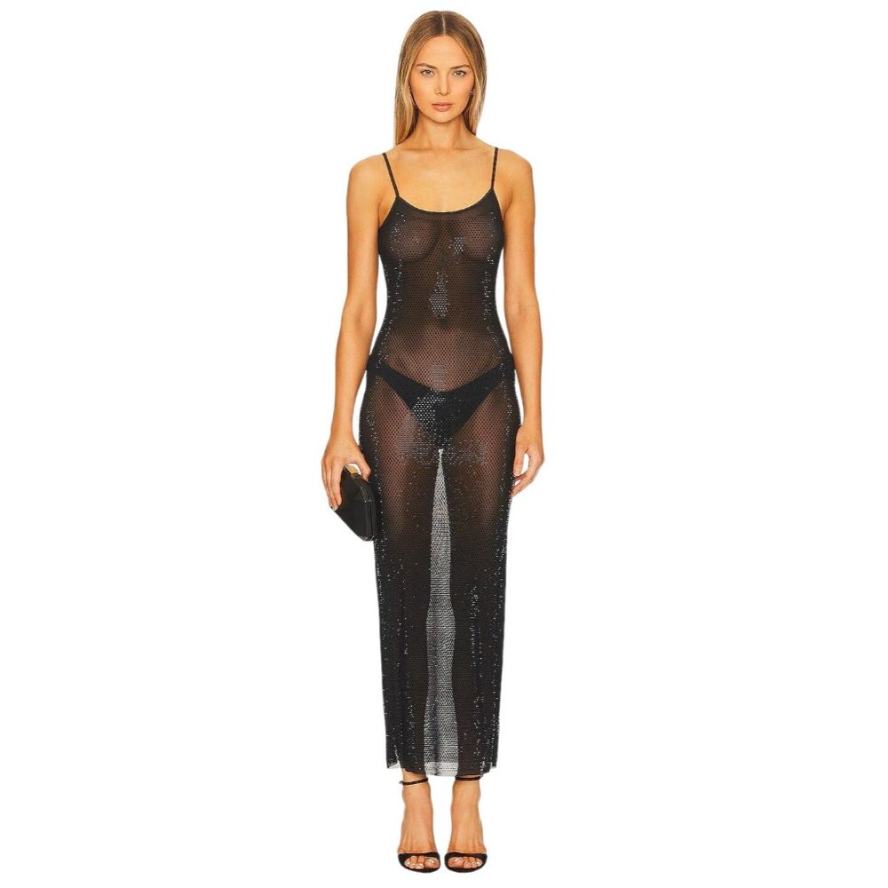 WeWoreWhat Mesh Scoop Maxi Slip Dress in Rhinestone Black X-Small Womens